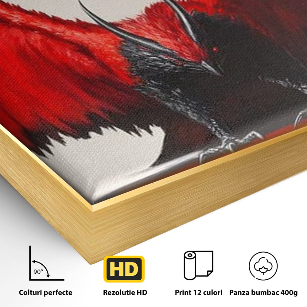 Detaliu al suprafetei: tablou canvas cu pasare fantastica rosu cu negru, in rama de aluminiu auriu